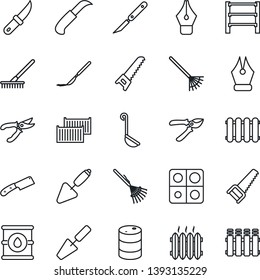 Thin Line Icon Set - trowel vector, rake, pruner, saw, garden knife, scalpel, cargo container, oil barrel, rack, application, ink pen, heater, ladle, radiator
