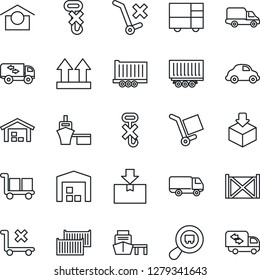 Thin Line Icon Set - truck trailer vector, cargo container, car delivery, sea port, consolidated, warehouse storage, up side sign, no trolley, hook, package, search, moving