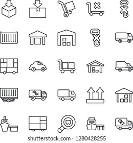 Thin Line Icon Set - truck trailer vector, cargo container, car delivery, sea port, consolidated, up side sign, no trolley, hook, warehouse, package, search, moving