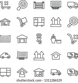 Thin Line Icon Set - truck trailer vector, cargo container, car delivery, sea port, consolidated, warehouse storage, up side sign, no trolley, hook, search, moving