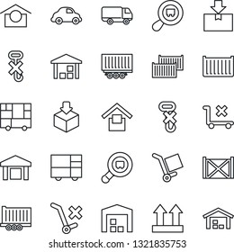 Thin Line Icon Set - truck trailer vector, cargo container, car delivery, consolidated, warehouse storage, up side sign, no trolley, hook, package, search