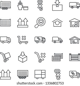 Thin Line Icon Set - truck trailer vector, cargo container, car delivery, sea port, consolidated, warehouse storage, up side sign, no trolley, hook, package, search, moving