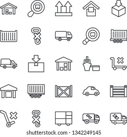 Thin Line Icon Set - truck trailer vector, cargo container, car delivery, sea port, consolidated, warehouse storage, up side sign, no trolley, hook, package, search, moving