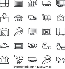 Thin Line Icon Set - truck trailer vector, cargo container, car delivery, sea port, consolidated, warehouse storage, up side sign, no trolley, package, search, moving