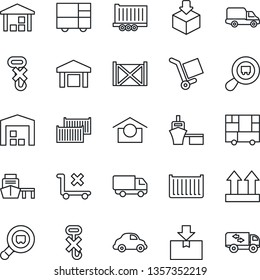 Thin Line Icon Set - truck trailer vector, cargo container, car delivery, sea port, consolidated, warehouse storage, up side sign, no trolley, hook, package, search, moving