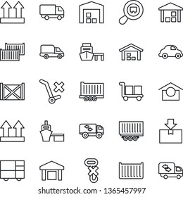 Thin Line Icon Set - truck trailer vector, cargo container, car delivery, sea port, consolidated, warehouse storage, up side sign, no trolley, hook, package, search, moving