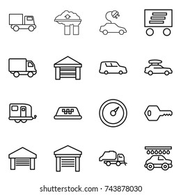 thin line icon set : truck, factory filter, electric car, delivery, garage, shipping, baggage, trailer, taxi, barometer, key, trash, wash