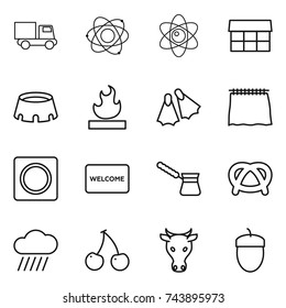 thin line icon set : truck, atom, market, stadium, flammable, flippers, curtain, ring button, welcome mat, turk, pretzel, rain cloud, cherry, cow, acorn