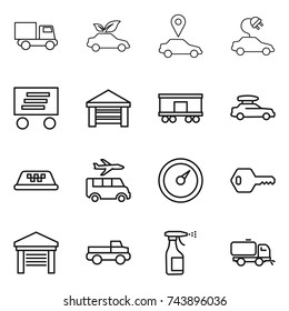 thin line icon set : truck, eco car, pointer, electric, delivery, garage, railroad shipping, baggage, taxi, transfer, barometer, key, pickup, sprayer, sweeper