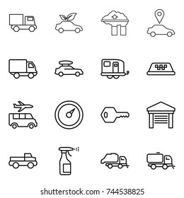 thin line icon set : truck, eco car, factory filter, pointer, delivery, baggage, trailer, taxi, transfer, barometer, key, garage, pickup, sprayer, trash, sweeper