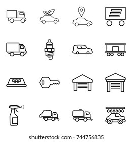thin line icon set : truck, eco car, pointer, delivery, spark plug, shipping, railroad, taxi, key, garage, sprayer, trash, sweeper, wash