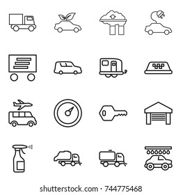 thin line icon set : truck, eco car, factory filter, electric, delivery, shipping, trailer, taxi, transfer, barometer, key, garage, sprayer, trash, sweeper, wash