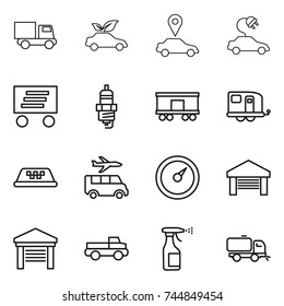 thin line icon set : truck, eco car, pointer, electric, delivery, spark plug, railroad shipping, trailer, taxi, transfer, barometer, garage, pickup, sprayer, sweeper
