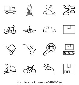 thin line icon set : truck, hoverboard, electric car, journey, bike, plane, shipping, package box, trolley, do not sign, cargo search, transporter tape, sail boat, arrival