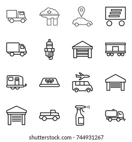 thin line icon set : truck, factory filter, car pointer, delivery, spark plug, garage, railroad shipping, trailer, taxi, transfer, pickup, sprayer, sweeper