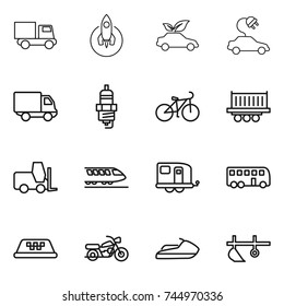 thin line icon set : truck, rocket, eco car, electric, delivery, spark plug, bike, shipping, fork loader, train, trailer, bus, taxi, motorcycle, jet ski, plow