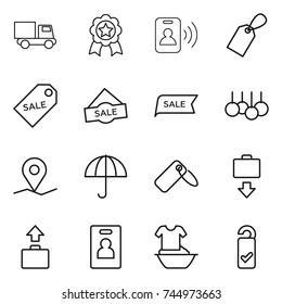 thin line icon set : truck, medal, pass card, label, sale, geo pin, dry cargo, baggage get, identity, handle washing, please clean
