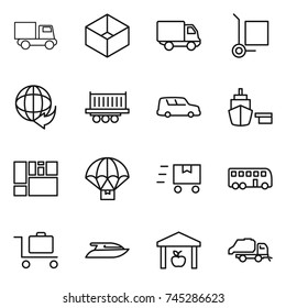 thin line icon set : truck, box, delivery, cargo stoller, shipping, car, port, consolidated, parachute, fast deliver, bus, baggage trolley, yacht, warehouse, trash