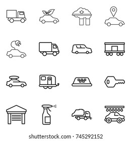 thin line icon set : truck, eco car, factory filter, pointer, electric, delivery, shipping, railroad, baggage, trailer, taxi, key, garage, sprayer, trash, wash