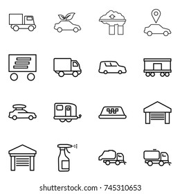 thin line icon set : truck, eco car, factory filter, pointer, delivery, shipping, railroad, baggage, trailer, taxi, garage, sprayer, trash, sweeper