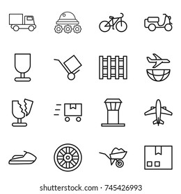 thin line icon set : truck, lunar rover, bike, scooter shipping, fragile, trolley, pallet, plane, broken, fast deliver, airport tower, airplane, jet ski, wheel, wheelbarrow, package