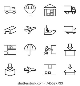 thin line icon set : truck, parachute, warehouse, delivery, plane, sea shipping, consolidated cargo, dry, courier, package