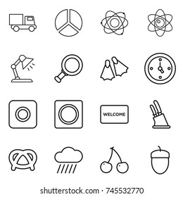 thin line icon set : truck, diagram, atom, table lamp, magnifier, flippers, watch, ring button, welcome mat, knife holder, pretzel, rain cloud, cherry, acorn