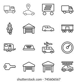 thin line icon set : truck, car pointer, delivery, spark plug, garage, shipping, railroad, trailer, taxi, transfer, barometer, key, wash