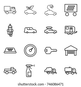 thin line icon set : truck, eco car, electric, delivery, spark plug, shipping, baggage, trailer, taxi, barometer, key, garage, pickup, sprayer, trash, sweeper
