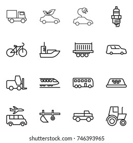 thin line icon set : truck, eco car, electric, spark plug, bike, sea shipping, fork loader, train, bus, taxi, transfer, plow, pickup, tractor