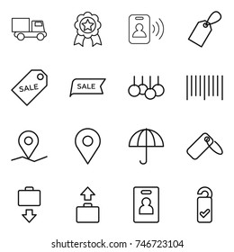 thin line icon set : truck, medal, pass card, label, sale, bar code, geo pin, dry cargo, baggage get, identity, please clean