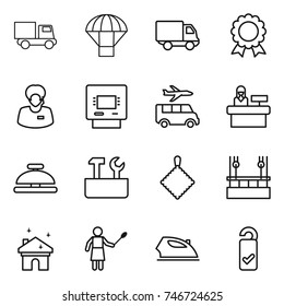 thin line icon set : truck, parachute, delivery, medal, support manager, atm, transfer, reception, service bell, repair tools, rag, skysrcapers cleaning, house, woman with duster, iron, please clean