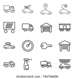 thin line icon set : truck, eco car, pointer, electric, delivery, garage, railroad shipping, baggage, barometer, key, pickup, sprayer, sweeper, wash