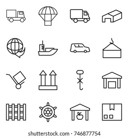 thin line icon set : truck, parachute, delivery, warehouse, sea shipping, car, loading crane, trolley, cargo top sign, do not hook, pallet, handwheel, package
