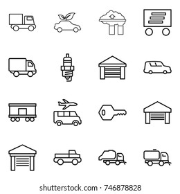 thin line icon set : truck, eco car, factory filter, delivery, spark plug, garage, shipping, railroad, transfer, key, pickup, trash, sweeper