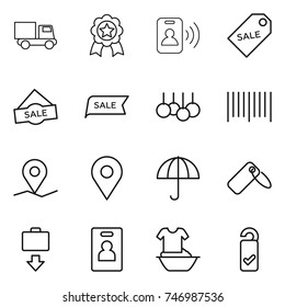 thin line icon set : truck, medal, pass card, sale label, bar code, geo pin, dry cargo, baggage get, identity, handle washing, please clean