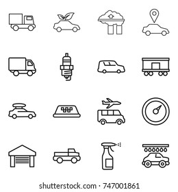 thin line icon set : truck, eco car, factory filter, pointer, delivery, spark plug, shipping, railroad, baggage, taxi, transfer, barometer, garage, pickup, sprayer, wash