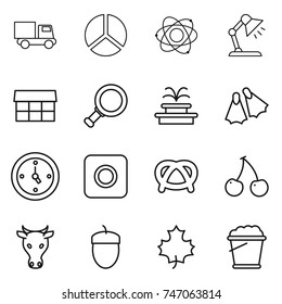 thin line icon set : truck, diagram, atom, table lamp, market, magnifier, fountain, flippers, watch, ring button, pretzel, cherry, cow, acorn, maple leaf, foam bucket