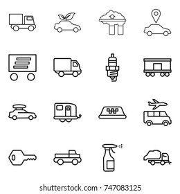 thin line icon set : truck, eco car, factory filter, pointer, delivery, spark plug, railroad shipping, baggage, trailer, taxi, transfer, key, pickup, sprayer, trash