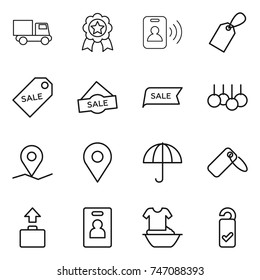 thin line icon set : truck, medal, pass card, label, sale, geo pin, dry cargo, baggage, identity, handle washing, please clean