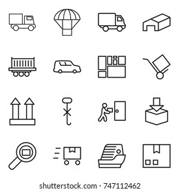 thin line icon set : truck, parachute, delivery, warehouse, shipping, car, consolidated cargo, trolley, top sign, do not hook, courier, package, search, fast deliver, cruise ship