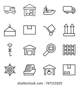 thin line icon set : truck, warehouse, sea shipping, loading crane, package box, trolley, cargo top sign, do not hook, search, pallet, handwheel, cruise ship