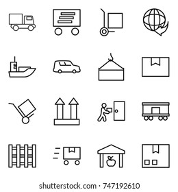 thin line icon set : truck, delivery, cargo stoller, sea shipping, car, loading crane, package box, trolley, top sign, courier, railroad, pallet, fast deliver, warehouse