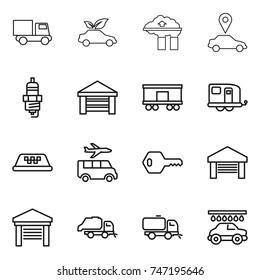 thin line icon set : truck, eco car, factory filter, pointer, spark plug, garage, railroad shipping, trailer, taxi, transfer, key, trash, sweeper, wash