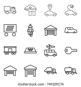 thin line icon set : truck, factory filter, car pointer, electric, delivery, spark plug, garage, shipping, railroad, taxi, transfer, key, trash, sweeper