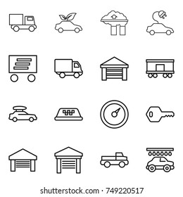 thin line icon set : truck, eco car, factory filter, electric, delivery, garage, railroad shipping, baggage, taxi, barometer, key, pickup, wash