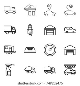 thin line icon set : truck, factory filter, car pointer, electric, delivery, spark plug, garage, shipping, trailer, taxi, barometer, sprayer, trash, sweeper, wash