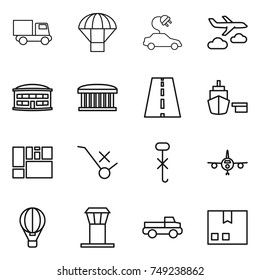 thin line icon set : truck, parachute, electric car, journey, airport building, road, port, consolidated cargo, do not trolley sign, hook, plane, air ballon, tower, pickup, package