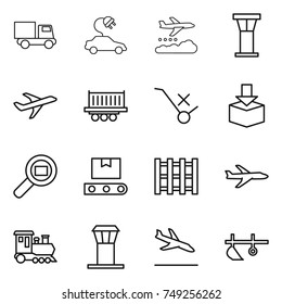 thin line icon set : truck, electric car, weather management, airport tower, plane, shipping, do not trolley sign, package, cargo search, transporter tape, pallet, train, arrival, plow