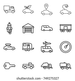 thin line icon set : truck, eco car, pointer, electric, spark plug, garage, shipping, railroad, baggage, trailer, transfer, barometer, key, pickup, trash, sweeper